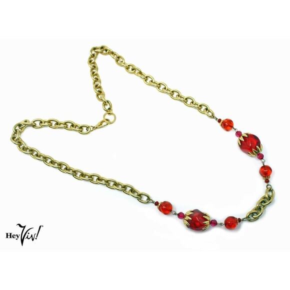 Vintage Chunky Bead Necklace w Red Globe Bead Gold Metal Chain 28" Long- Hey Viv - Picture 1 of 4